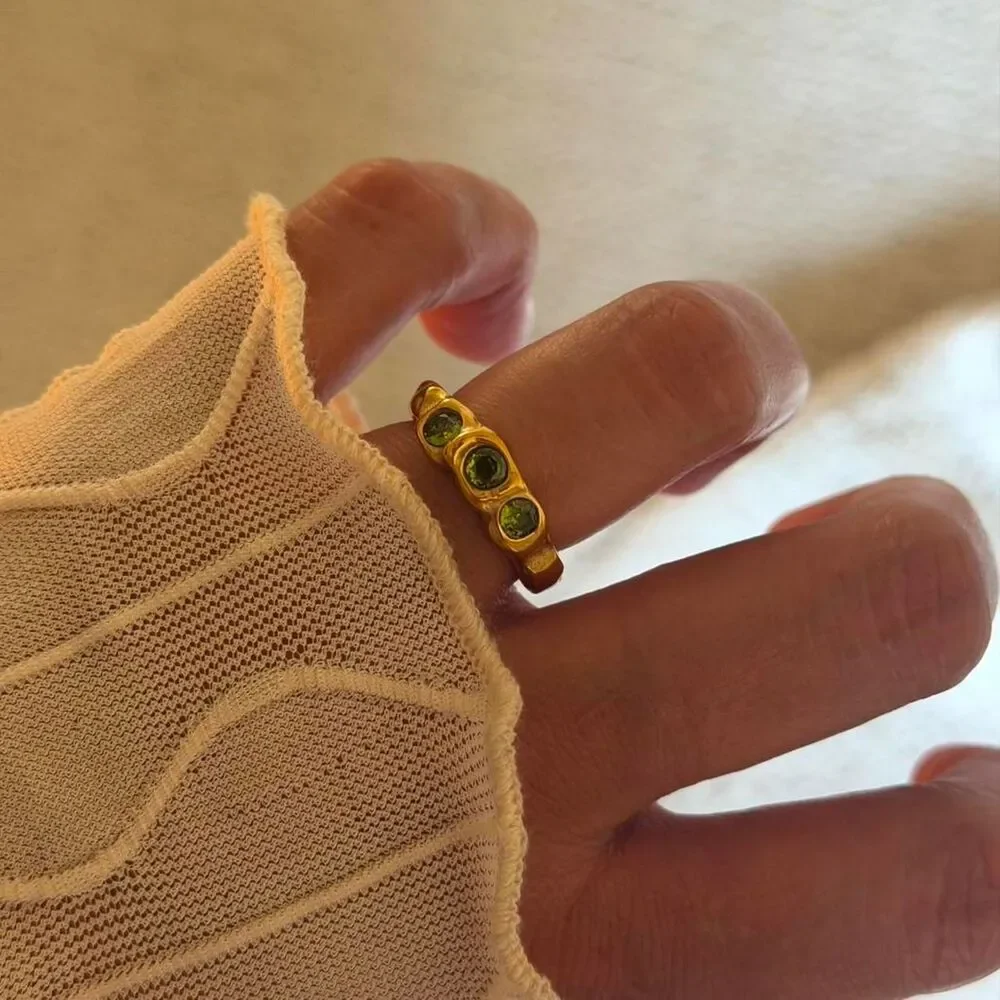 Gold Stainless Steel Green Zircon Three Stone Ring